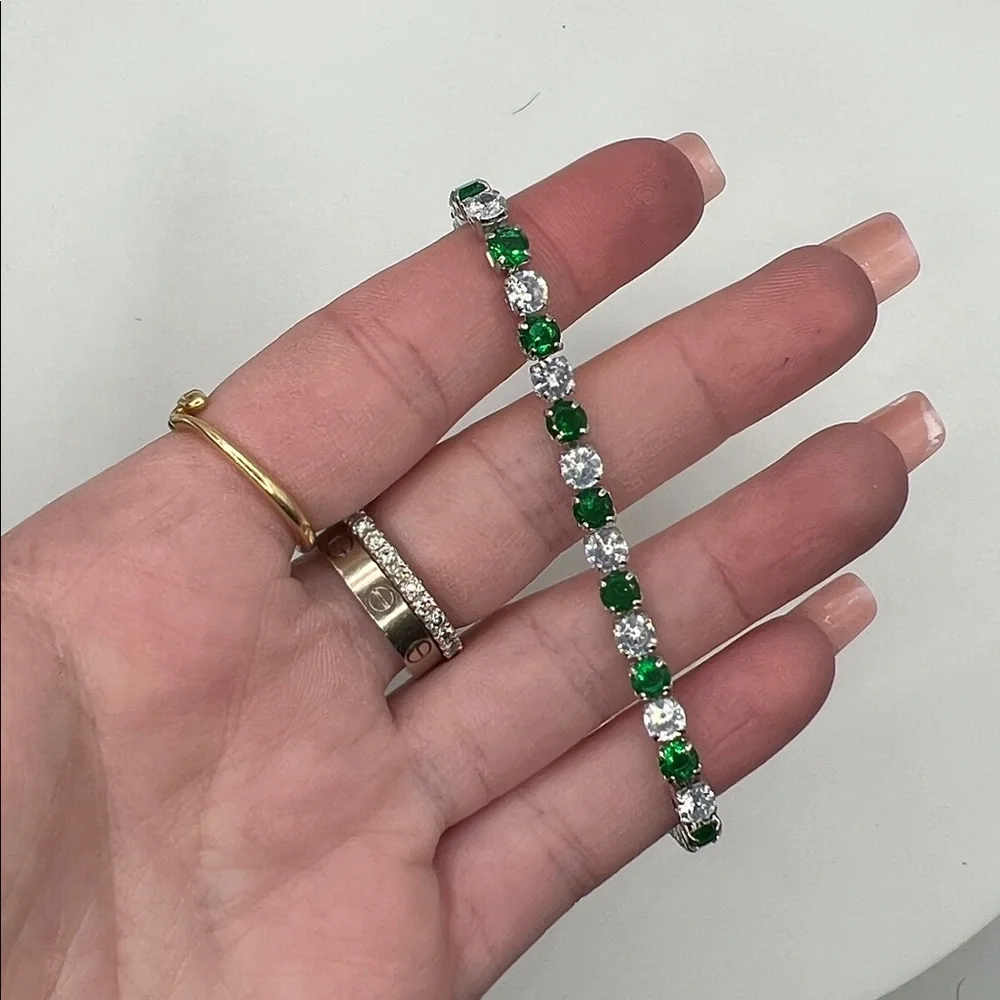 197. White Gold Plated Emerald Green and Crystal Stones Bracelet 6 1/2”